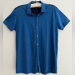 MONDO Button Down Short Sleeve Shirt Jersey Shoulder Detail Casual Contemporary